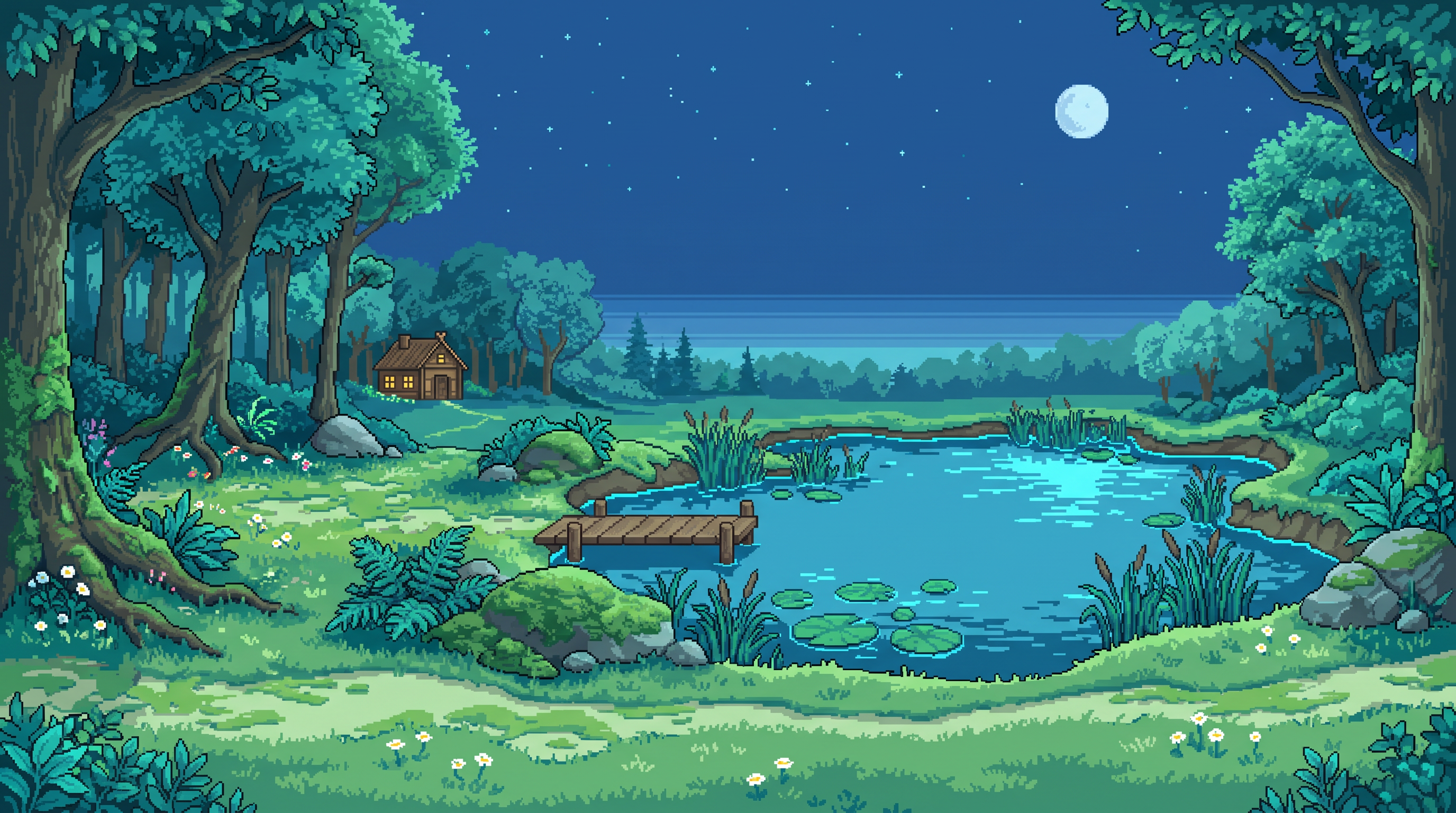 A natural woodland pond with grassy banks, ferns, a little wooden dock and a distant cottage